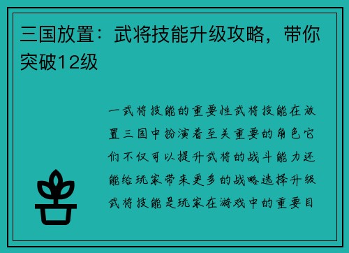 三国放置：武将技能升级攻略，带你突破12级